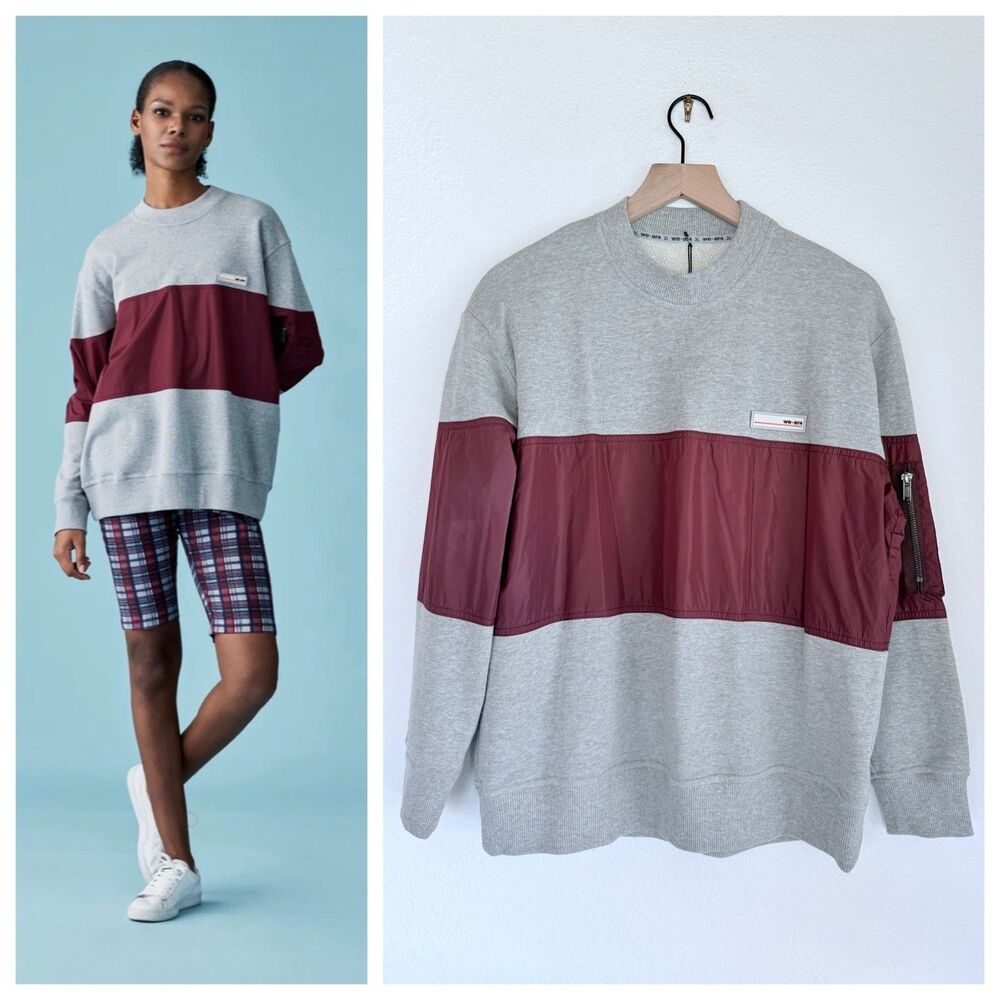 NEW we-ar4 Womens Oversized The Mixed Up Crewneck Sweatshirt in Gray & Maroon XS